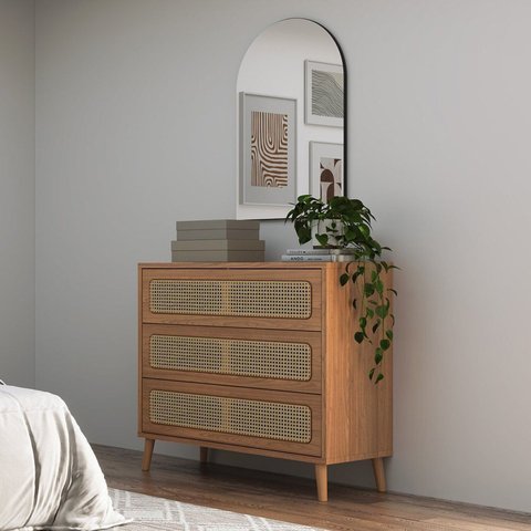 Cômoda Retrô 3 Gavetas com Espelho Porta Telada 100% MDF Marrom/Freijo Madeirado