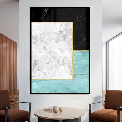 Quadro Decorativo Geométrico Quadrado Marmorizado em Moldura Caixa Tacolado Moldura Trad 1cm Preta C
