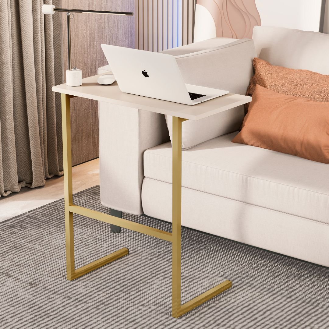 Mesa Apoio para Sofá e Notebook Pérola / Dourado Bancada Multiuso