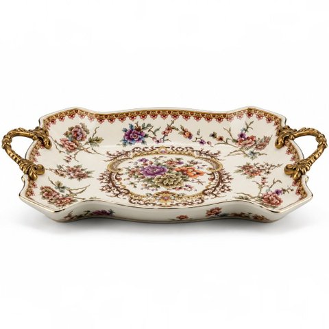 Centro de Mesa em Porcelana Florido Off White e Dourado a:8,5 X L38 X P:24,5cm