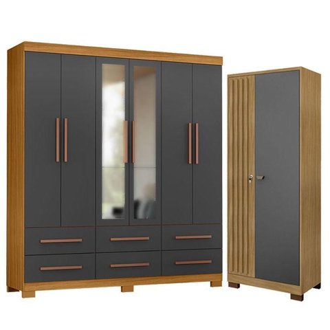Guarda Roupa Casal New Kansas com Espelho e Armário Multiuso Versatile Carvalho Americano Grafite