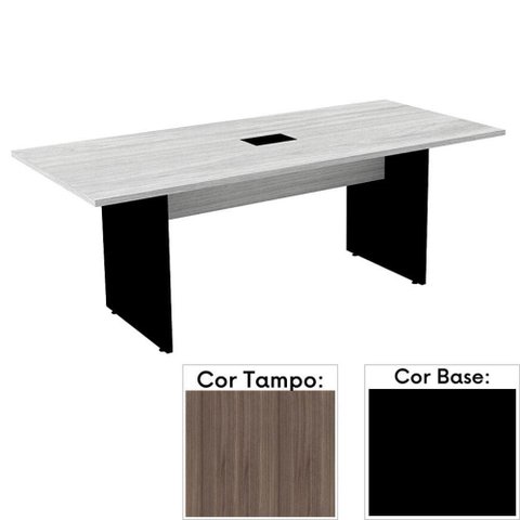 Mesa de Reunião com Caixa de Tomada 200 x 90 cm Pé Painel PE25 em MDP Cor Walnut Base Preta