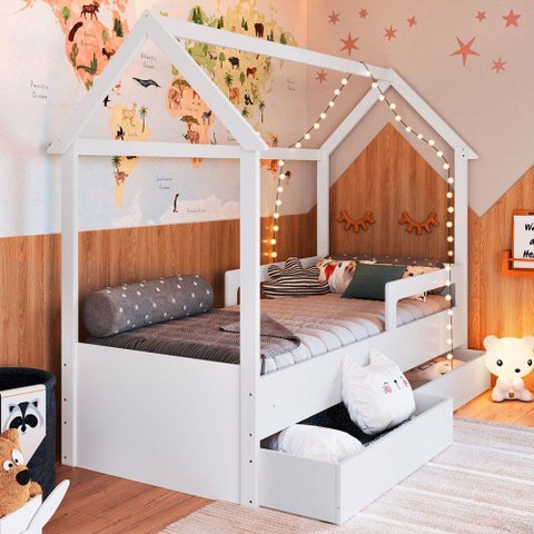 Cama Infantil Montessoriana Solteiro com Gavetas sem Colchão Branco - Completa