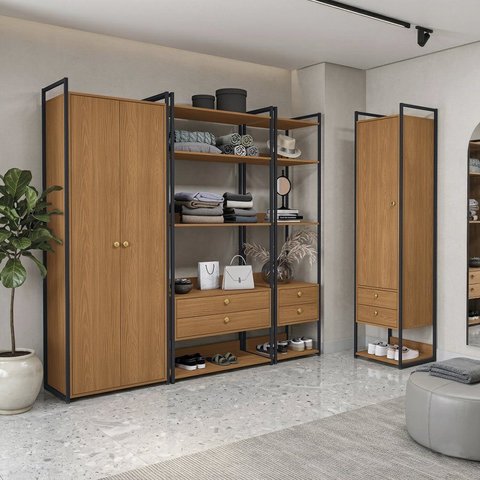 Kit Dormitorio 3 Portas 6 Gavetas Industrial Marrom/Canela/Preto
