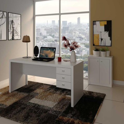 Kit Escritório com Mesa 3 Gavetas e Balcão 2 Portas Br Cor:branco