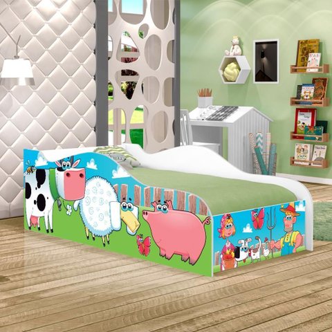 Cama Carro Fun Adesivada Fazendinha e Vaquinha Solteiro