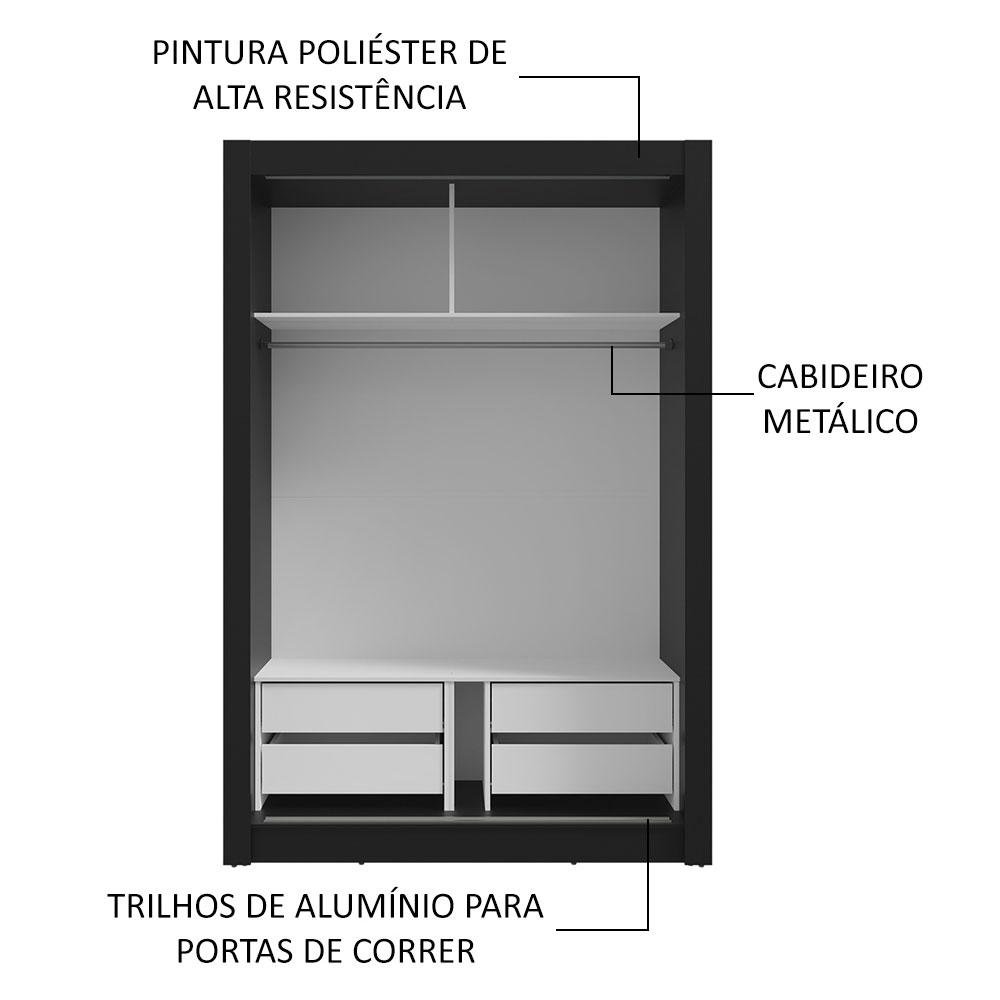 Guarda-roupa Solteiro 2 Portas de Correr com Espelho 4 Gavetas Preto Vivare Plus Madesa - 6