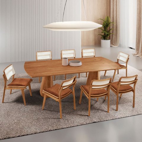 Sala de Jantar Mesa Noronha 220cm Tampo Laminado Canto Barril com 8 Cadeiras Eva Premium