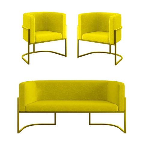 Kit 2 Poltronas + Sofá 2 Lugares Base de Metal Gold Balaqui Amarelo