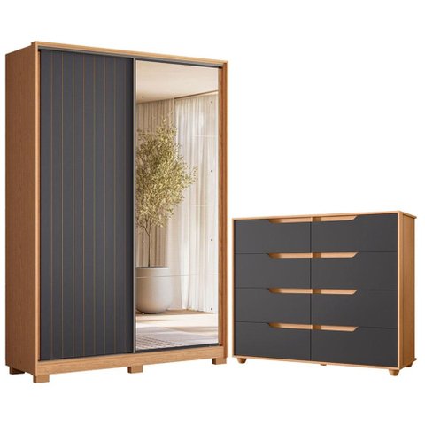 Guarda Roupa Solteiro Frizatto com Espelho e Cômoda Doble Freijo Titanium Flex - Móveis Albatroz