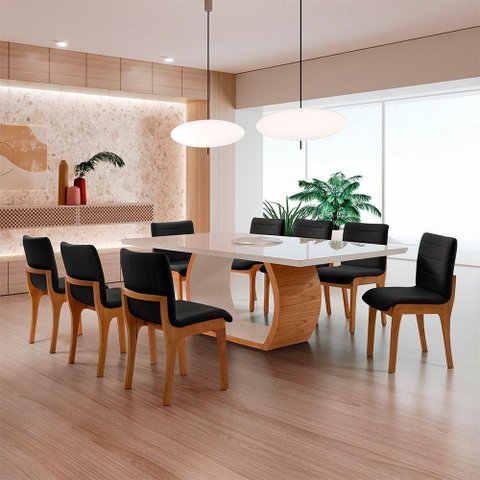 Conjunto Sala de Jantar Bella 8 Lugares Tampo Vidro Linho Preto Laq Off Cinamomo 220cm Moderna