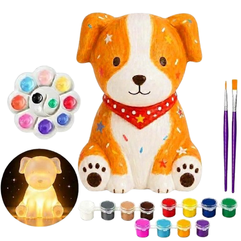 Luminária Cachorrinho Abajur LED Infantil para Pintar + Kit Pintura Tinta Guache Pincel Paleta