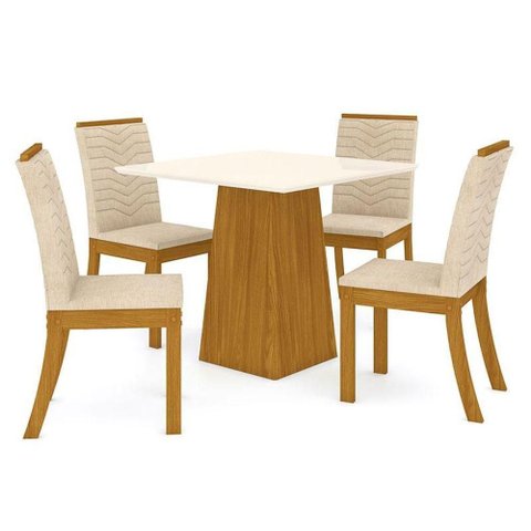 Mesa de Jantar Dora 90 Cm Tampo Reto Nature Off White com 4 Cadeiras Isa Linho - Henn