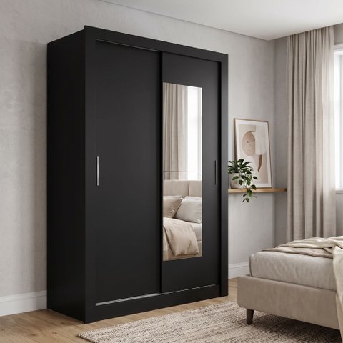 Guarda-Roupa Solteiro com Espelho 2 Portas de Correr e 1 Gaveta 200 x 120cm City Yescasa Preto