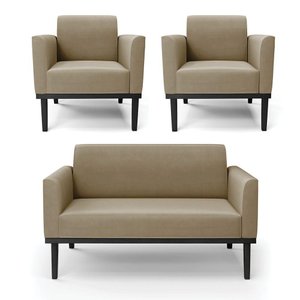 Conjunto 2 Poltronas e 1 Namoradeira Decorativa Pés Fixo em Madeira Preto Suede Nude