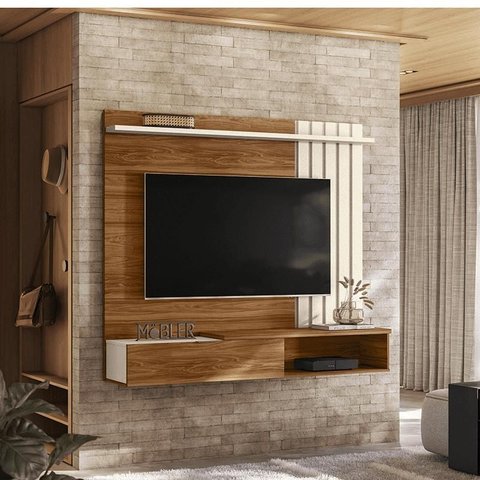 Home Suspenso Vegas 1,60m Tv 65'' Porta Basculante Nichos - Cinamomo Mel/perola Metalizado