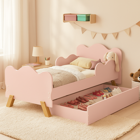 Mini Cama Infantil Angel Nuvem Rosa com Auxiliar Proteção Lateral e Pés Dde Madeira