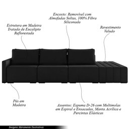 Sofá Ilha Modulado Milos 342cm Puff Lateral Veludo Preto G33 - Gran Belo - 3