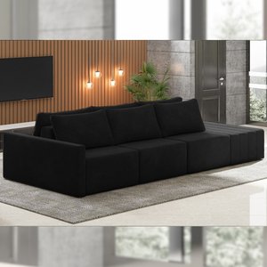 Sofá Ilha Modulado Milos 342cm Puff Lateral Veludo Preto G33 - Gran Belo