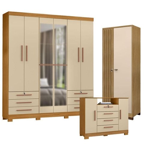 Guarda Roupa Casal Londres com Espelho com Cômoda Madri e Armário Multiuso Versatile Carvalho