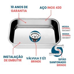 Cuba Pia Numero 2 Cozinha Inox American Steel 56x34x17 - 2