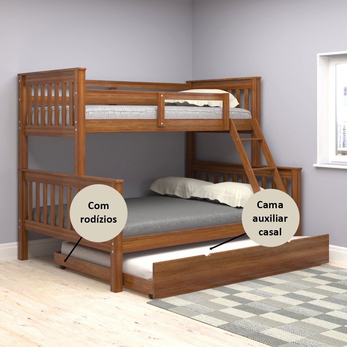 Beliche Woodstore Casal Solteiro de Madeira + Cama Aux Casal - 2