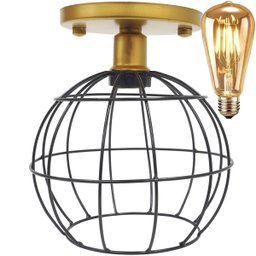 Lustre Teto Plafon + Lâmpada Led Industrial Aramado Globo Preto Retrô Luminária Vintage Dourado - 1
