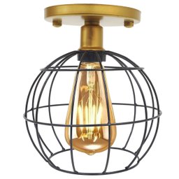 Lustre Teto Plafon + Lâmpada Led Industrial Aramado Globo Preto Retrô Luminária Vintage Dourado - 4