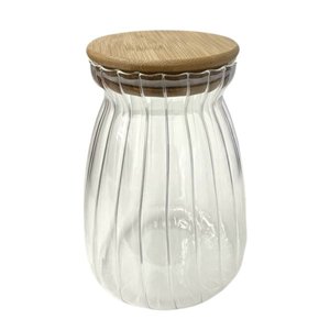 Pote Hermético com Frisos Tampa de Bambu Recipiente Vidro 1l