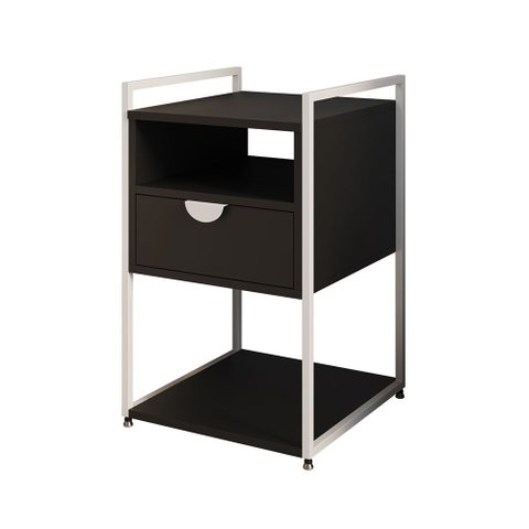 Mesa Lateral de Cabeceira Industrial Tókio com Gavetas em Ferro Branco - Tampo Preto