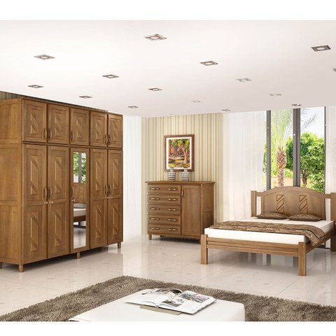 Quarto de Casal Grécia: Guarda-roupa 10 Portas C/ Espelho Cama Cômoda Sapateira Madeira Pinus Imbuia