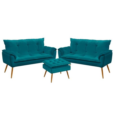 Kit 2 Poltronas Namoradeira Opala com Puff Lunar Suede Azul Turquesa Aradecor