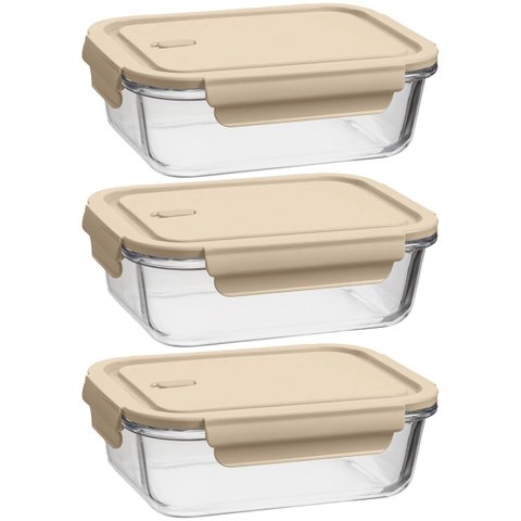 Kit 3 Potes de Vidro Herméticos 1,04l Retangulares Capuccino Uz Marmita Borossilicato