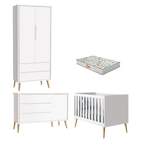 Quarto de Bebê 2 Portas Theo Branco Pés Madeira Natural com Colchão Gazin – Reller