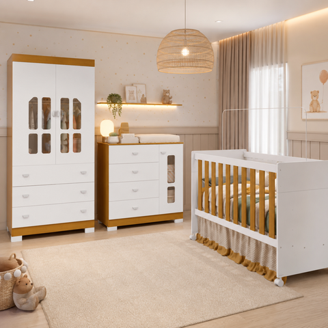 Quarto de Bebê Completo Berço 3 em 1, Guarda-Roupa 2 Portas, Cômoda Sapateira  100% MDF, Detalhes Acrílico Branco/Fosco/Savana