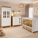 Ver imagem 1 de Quarto de Bebê Completo Berço 3 em 1, Guarda-Roupa 2 Portas, Cômoda Sapateira 100% MDF, Detalhes Acrílico Branco/Fosco/Savana