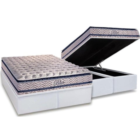 Cama Box Baú Queen: Colchão Molas MasterPocket Ensacadas Paropas Blue + Base CRC Courano White(158x1