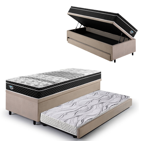 Bicama Box Baú Solteiro com Colchão Gransleep Ecoflex Molas Verticoil Suede Bege 88x188
