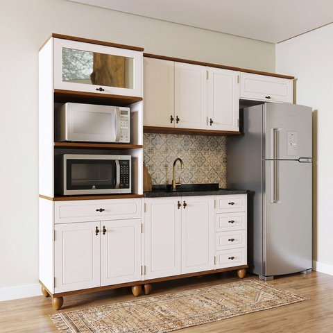 Cozinha Compacta Modulada 5PEÇASCOM Ilha Joy Branco/Off White/Nogueira