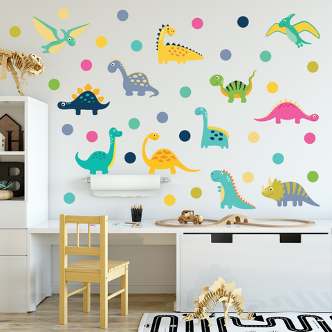 Adesivo de Parede Infantil Dinossauros Colorido Bolinhas Quarto Menino Bebe