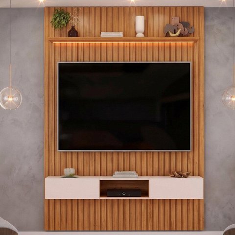 Painel Ripado para TV até 60 Polegadas com MDF 183CMX240CM LED Trento Marrom Freijó/Off White