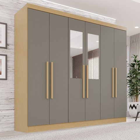 Guarda-Roupa Casal com Espelho 6 Portas 2 Gavetas França Espresso Móveis Cinza/Jequitibá/Granizo