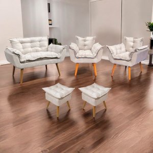 Kit Namoradeira 2 Poltronas e 2 Puffs para Sala Manicure Consultório Alice Suede Bege