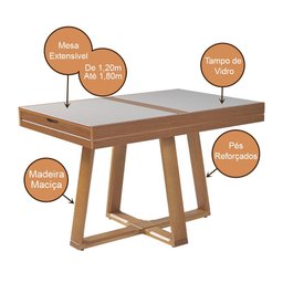 Mesa de Jantar Caroline 1,20m Extensível 1,80m em Madeira Maciça Mel Tampo Vidro Off White - 3