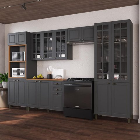 Armário de Cozinha Modulada Completa Fidelitá Nara 100% MDF 5 Peças 350cm 16 Portas 2 Gavetas com