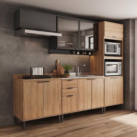 Armário de Cozinha Completa C Balcão Miami Urban Carraro Preto C Freijó