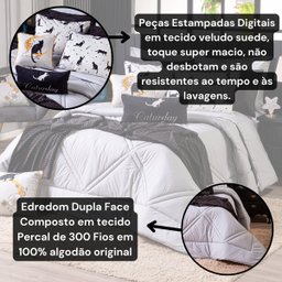 Kit Edredom Gatos Cinza com Almofadas Casal Padrão 07 Peças - Dupla Face Percal 300 Fios 100% Algodã - 9