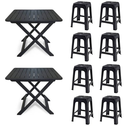 2 Mesas Quadradas Dobráveis 80x72cm Preta + 8 Banquetas Empilháveis