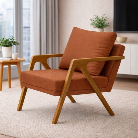 Poltrona Mona Pés de Madeira Linho Sala Escritorio Decoração:terra Cota