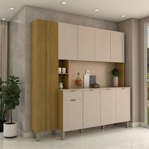 Armário de Cozinha com Balcão Talim 9 Portas 1 Gaveta Freijó/vanilla - Panorama Móveis